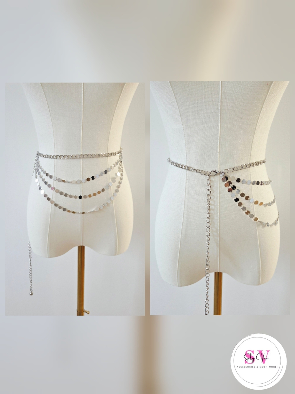 Silver chain belt with round multi layer decor